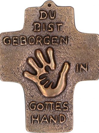 Kommunionkreuz aus Bronze Geborgen in Gottes Hand