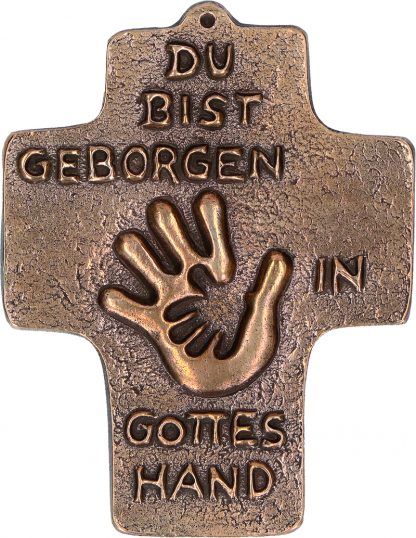 Kommunionkreuz aus Bronze Geborgen in Gottes Hand