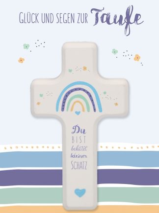 Glückwunschkarte mit Holzkreuz für Jungen - Glück und Segen zur Taufe