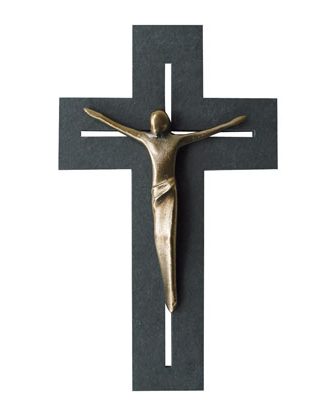 Schieferkreuz mit Korpus mit modernem Bronzekorpus