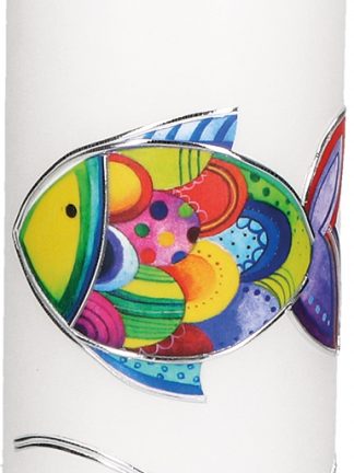 Taufkerze mit aufgelegtem Wachsmotiv - Regenbogenfisch mit Wellen in Silber
