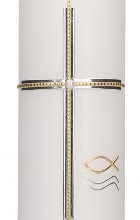 Taufkerze mit aufgelegtem Wachsmotiv mit Perlenband - Kreuz in Gold-Silber mit Perlmuttperle, Fisch in Gold und Wellen in Silber