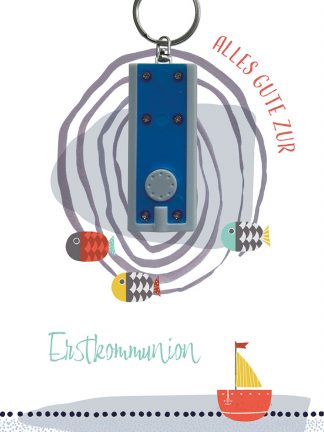 Glückwunschkarte mit blauer Taschenlampe - Alles Gute zur Erstkommunion