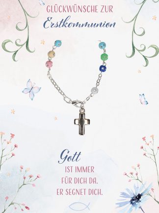 Glückwunschkarte zur Erstkommunion mit Text; mit Armband aus bunten Kunststoff-Perlen und Metall-Kreuz, gekettelt; mit farbigem Kuvert