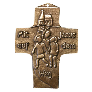 Bronzekreuz mit Text "Mit Jesus auf dem Weg"